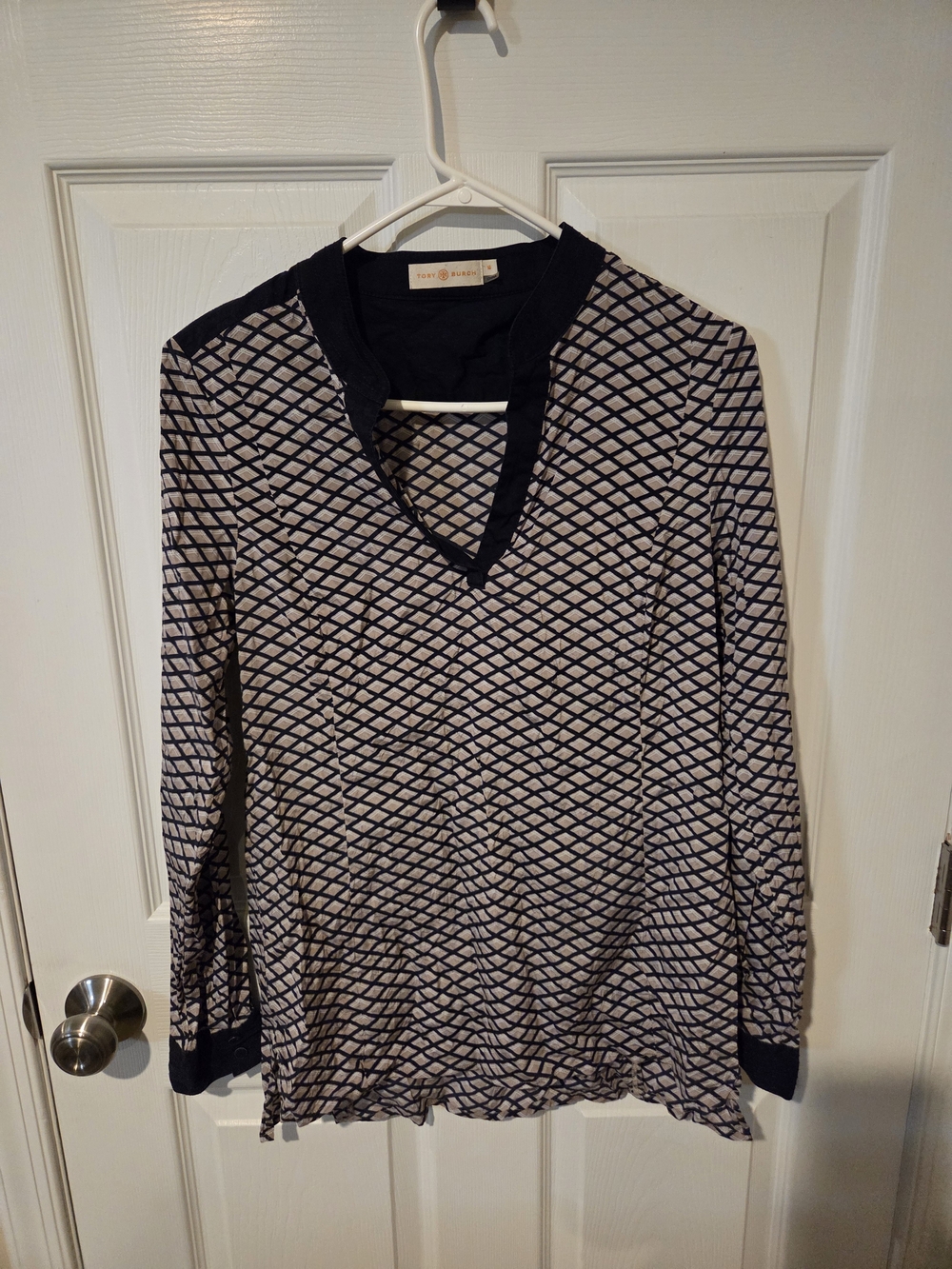 Tory Burch Navy and Cream Geometric V-Neck Top